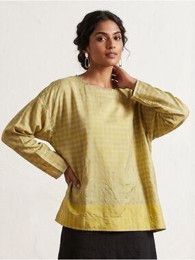 Péro 100% Silk Long Sleeve gingham in Yellow & Blue size 42=L=10